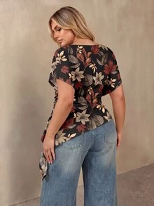 Auralis Plus Size Women's Short Sleeve Floral Leaf Pattern Ruched Asymmetrical Hem Fashion T-Shirt - Suitable For Casual, Daily And Office Wear - Multicolor - View 3