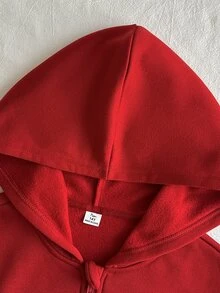 SHEIN 青少年女孩休閒套裝，紅色長袖連帽衛衣外套搭配白色背心與紅色長褲，舒適簡約風格，適合室內外活動、購物與日常穿著 - 酒紅色 - 查看 8