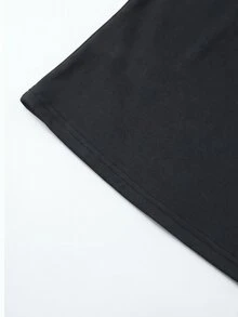 Velvienne Plus Size Geometric Flocked Mesh Long Sleeve Square Neck Top Black Patchwork Slim Fit T-Shirt - Black - View 5