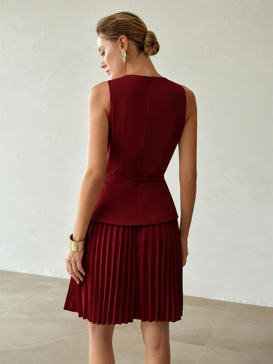 MOTF PREMIUM FASHIONABLE ELEGANT PLEATED SHORT DRESS FOR WOMEN - Burgundy - View 2