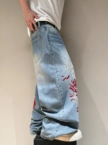 STEELVANCE 街頭風復古時尚百搭貓鬍鬚刺繡設計寬鬆直筒寬腿休閒牛仔褲 - 淺色水洗藍 - 查看 4