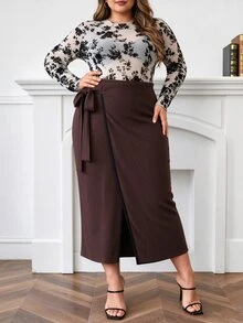 Lacomfia Brown Plus Size Bodycon Asymmetrical Design Minimalist Commuter Fashion Luxury Elegant Skirt - Brown - View 4