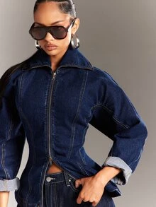 Denimoi Women's Zipper Casual Versatile Daily Denim Jacket - Dark Wash - View 4