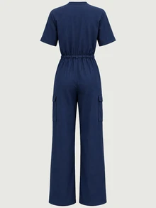 TaskEZ Navy Blue Multi-Pocket Zipper Tie Waist Short Sleeve Straight Leg Slimming Convenient Scrub Uniform Jumpsuit - Navy Blue - View 2