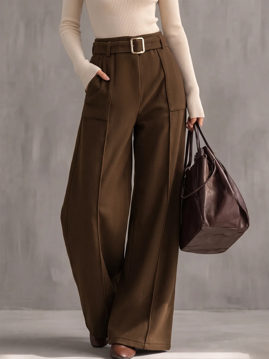 Vavine Women's Solid Color Pocket Casual Daily Wear Long Pants - Brown - View 1