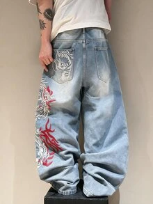 STEELVANCE 街頭風復古時尚百搭貓鬍鬚刺繡設計寬鬆直筒寬腿休閒牛仔褲 - 淺色水洗藍 - 查看 2