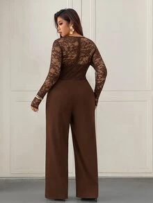 Femmeverse Plus Size Women's Fashion Sexy V-Neck Lace Patchwork Solid Color Jumpsuit Fall - Coffee Brown - View 2