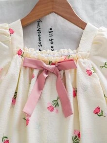 SHEIN Young Girl Floral Print Bow Decor Casual Daily Summer Dress - Pink - View 6