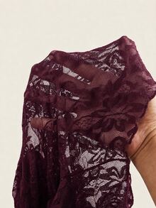 SHEIN EZwear 女款性感休閒蕾絲布料不對稱下擺修身抹胸上衣，復古風，適合 Y2K - 紅木色 - 查看 4