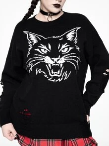 ROMWE Dark Gothic Vintage Cat Versatile Casual Loose Distressed Design Plus Size Pullover Sweater For Women Fall Winter - Black - View 2
