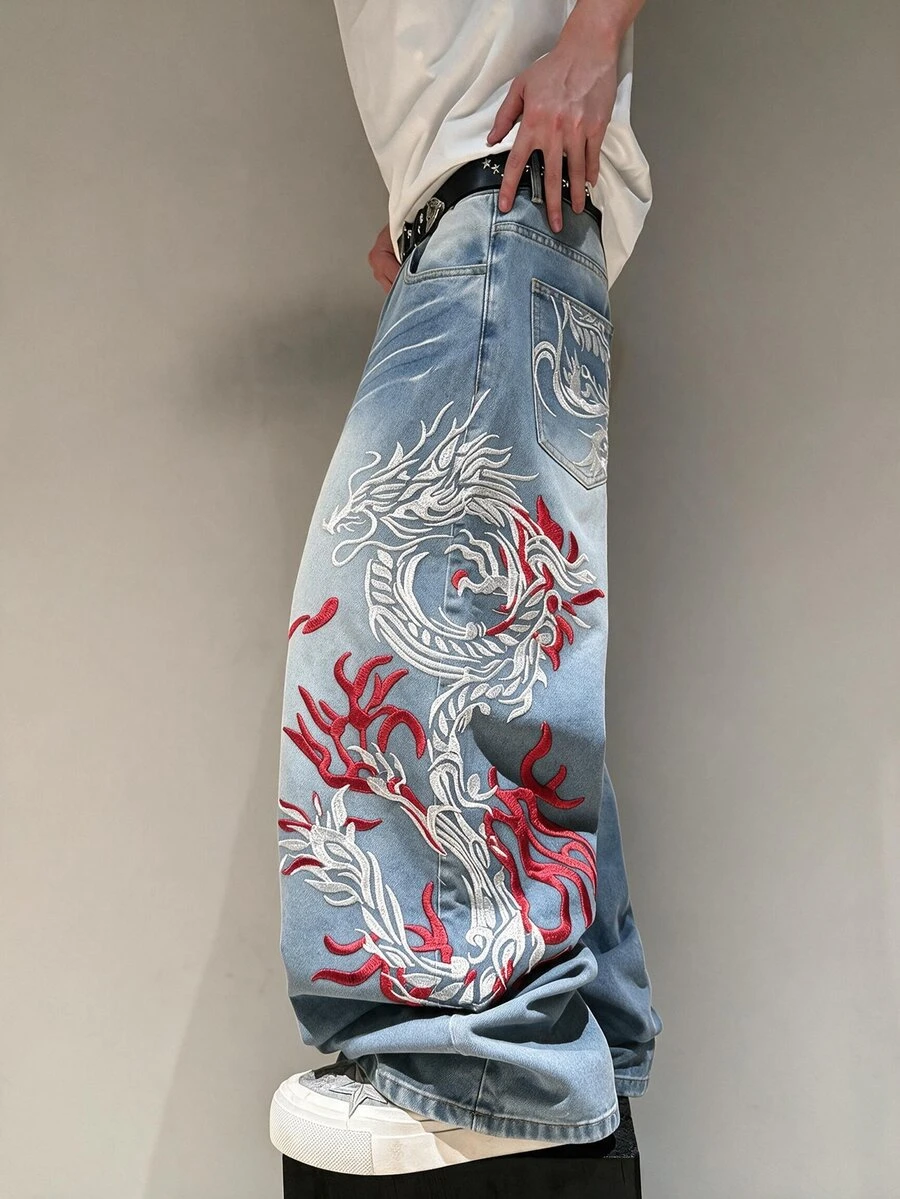 STEELVANCE 街頭風復古時尚百搭貓鬍鬚刺繡設計寬鬆直筒寬腿休閒牛仔褲 - 淺色水洗藍 - 查看 1