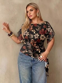 Auralis Plus Size Women's Short Sleeve Floral Leaf Pattern Ruched Asymmetrical Hem Fashion T-Shirt - Suitable For Casual, Daily And Office Wear - Multicolor - View 2