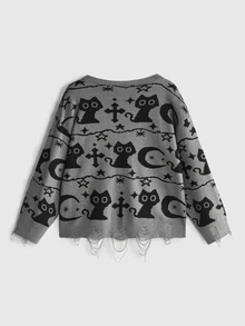 ROMWE Dark Gothic Style Plus Size Knit Cardigan, Skull Black Cat Cross Jacquard, Distressed Design, V-Neck Long Sleeve Sweater Cardigan, Women Fall Winter - Grey - View 2