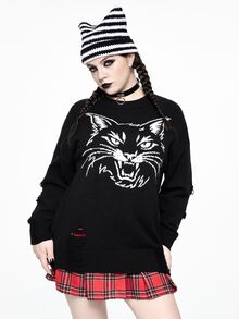 ROMWE Dark Gothic Vintage Cat Versatile Casual Loose Distressed Design Plus Size Pullover Sweater For Women Fall Winter - Black - View 4