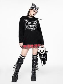 ROMWE Dark Gothic Vintage Cat Versatile Casual Loose Distressed Design Plus Size Pullover Sweater For Women Fall Winter - Black - View 5