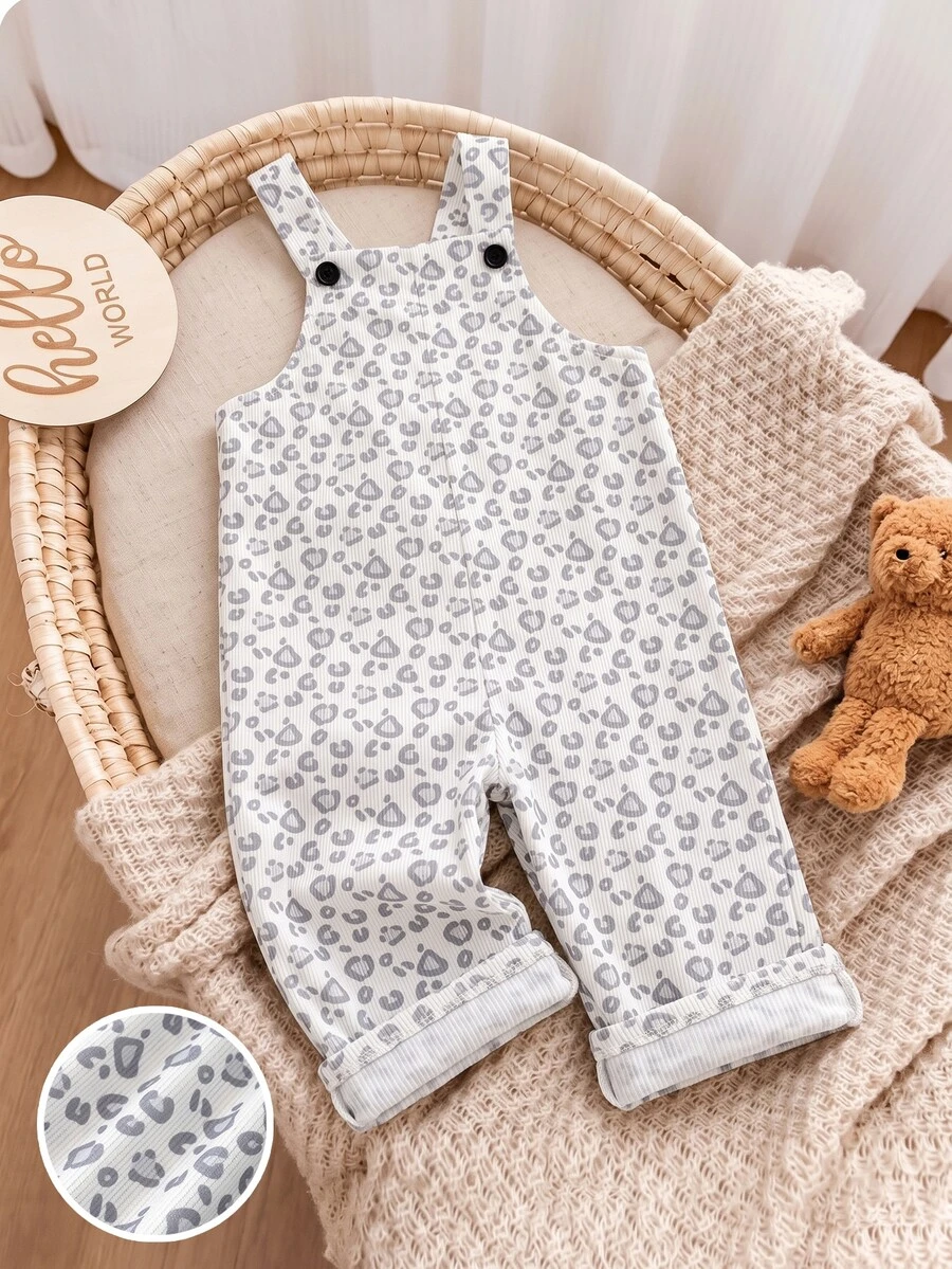 Infant Cute Leopard Print Corduroy Jumpsuit, Fashion Wide Leg Overalls - Light Grey - View 1