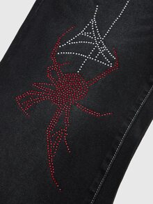 ROMWE Vintage Dark Gothic Spider Web Pattern Rhinestone Embellished Plus Size Denim Jeans - Black - View 2