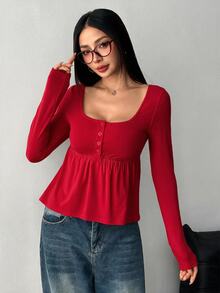 SHEIN EZwear 女款軍綠色前扣長袖休閒襯衫，適合秋冬 - 紅色 - 查看 7