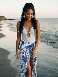 CAJUNI Women's Floral Print Tie-Front Slit Cover Up Skirt For Beach - Blue and White - View 3