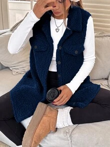 SHEIN EZwear 女款大腿長棕色法蘭絨泰迪大衣，領口設計，寬鬆版型，適合秋冬 - 藏蓝色 - 查看 6