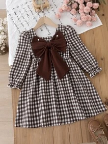 SHEIN Gaun Putri Motif Kotak-kotak Cokelat Tenun untuk Anak Perempuan dengan Gaya Minimalis, Desain Leher Persegi Depan-Belakang - Coklat - View 2