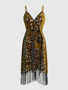 ROMWE Vintage Hippie Pattern Velvet Fabric Overlap Tassel Plus Size Dress - Multicolor - View 1