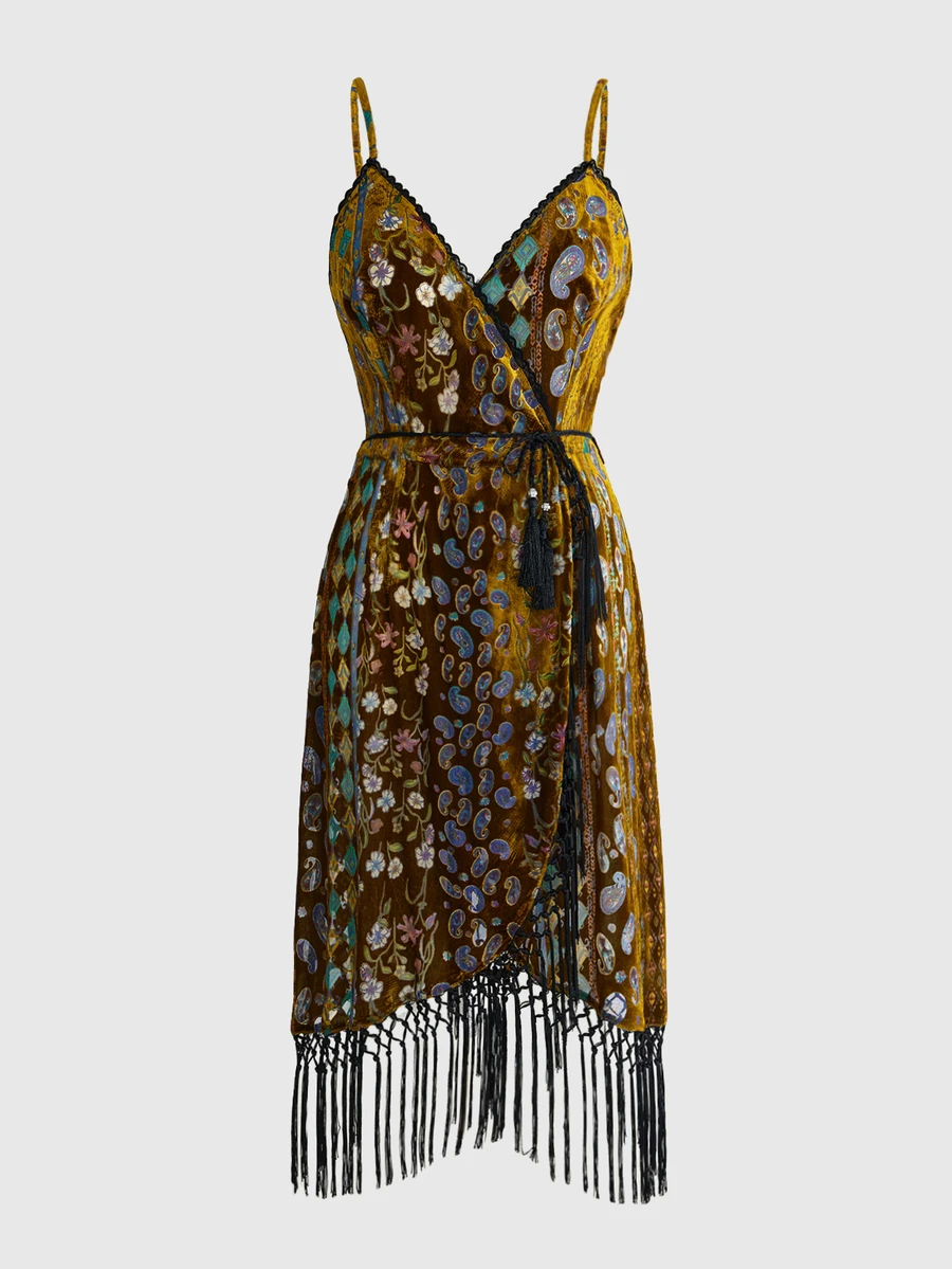 ROMWE Vintage Hippie Pattern Velvet Fabric Overlap Tassel Plus Size Dress - Multicolor - View 1