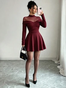 Selianne 新款針織彈性素色立領網布拼接長袖A字裙設計女款短洋裝 - 酒紅色 - 查看 7