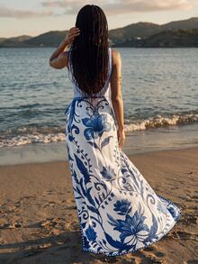 CAJUNI Women's Floral Print Tie-Front Slit Cover Up Skirt For Beach - Blue and White - View 2