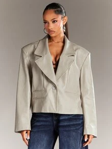 Denimoi Women's Streetwear Button Long Sleeve PU Material Blazer - Grey - View 4
