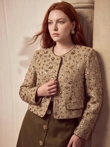 MOTF PREMIUM PLUS SIZE SEQUIN CASUAL VERSATILE DAILY WEAR LONG SLEEVE JACKET - Gold - View 4