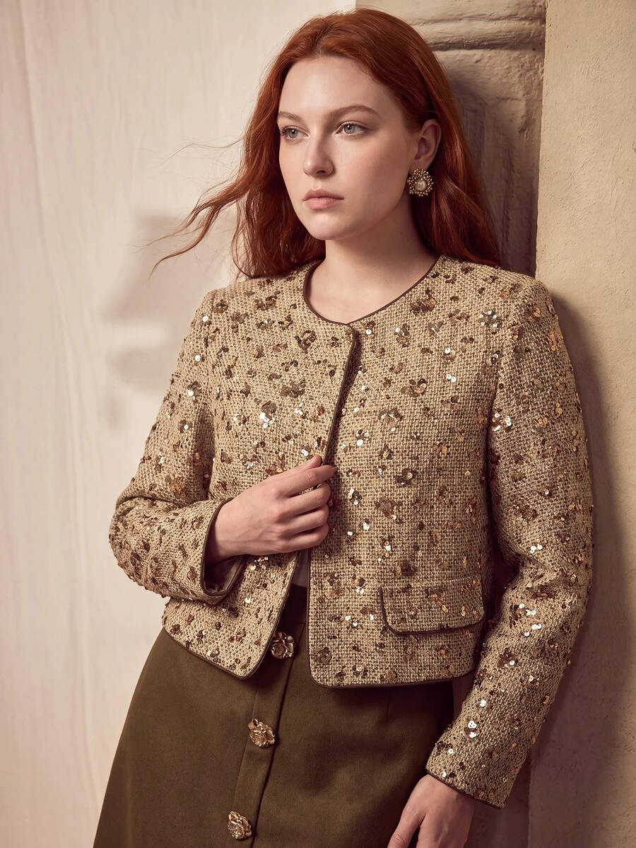 MOTF PREMIUM PLUS SIZE SEQUIN CASUAL VERSATILE DAILY WEAR LONG SLEEVE JACKET - Gold - View 1