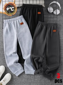 SHEIN 3件組兒童青少年男孩休閒多功能運動長褲，麻灰運動長褲、深灰運動長褲、黑色運動長褲，感溫內裡加厚，適合通勤、上學、日常休閒、戶外運動，秋冬款 - 彩色 - 查看 5