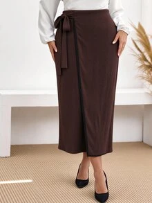 Lacomfia Brown Plus Size Bodycon Asymmetrical Design Minimalist Commuter Fashion Luxury Elegant Skirt - Brown - View 1