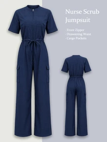 TaskEZ Navy Blue Multi-Pocket Zipper Tie Waist Short Sleeve Straight Leg Slimming Convenient Scrub Uniform Jumpsuit - Navy Blue - View 1