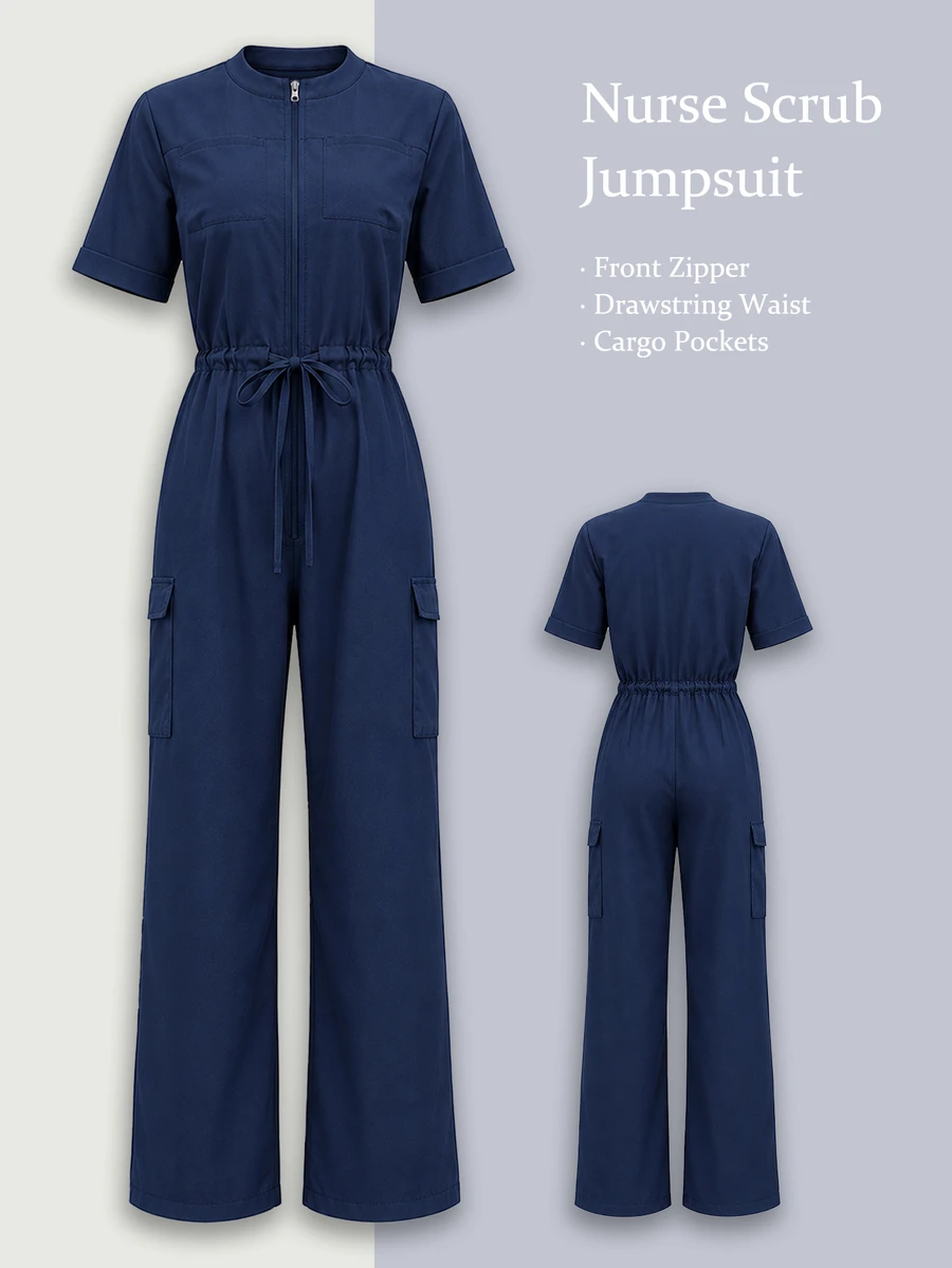 TaskEZ Navy Blue Multi-Pocket Zipper Tie Waist Short Sleeve Straight Leg Slimming Convenient Scrub Uniform Jumpsuit - Navy Blue - View 1