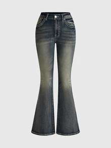 ROMWE Goth Women's Casual Daily Flare Jeans With Pockets And Buttons - Medium Wash - View 1
