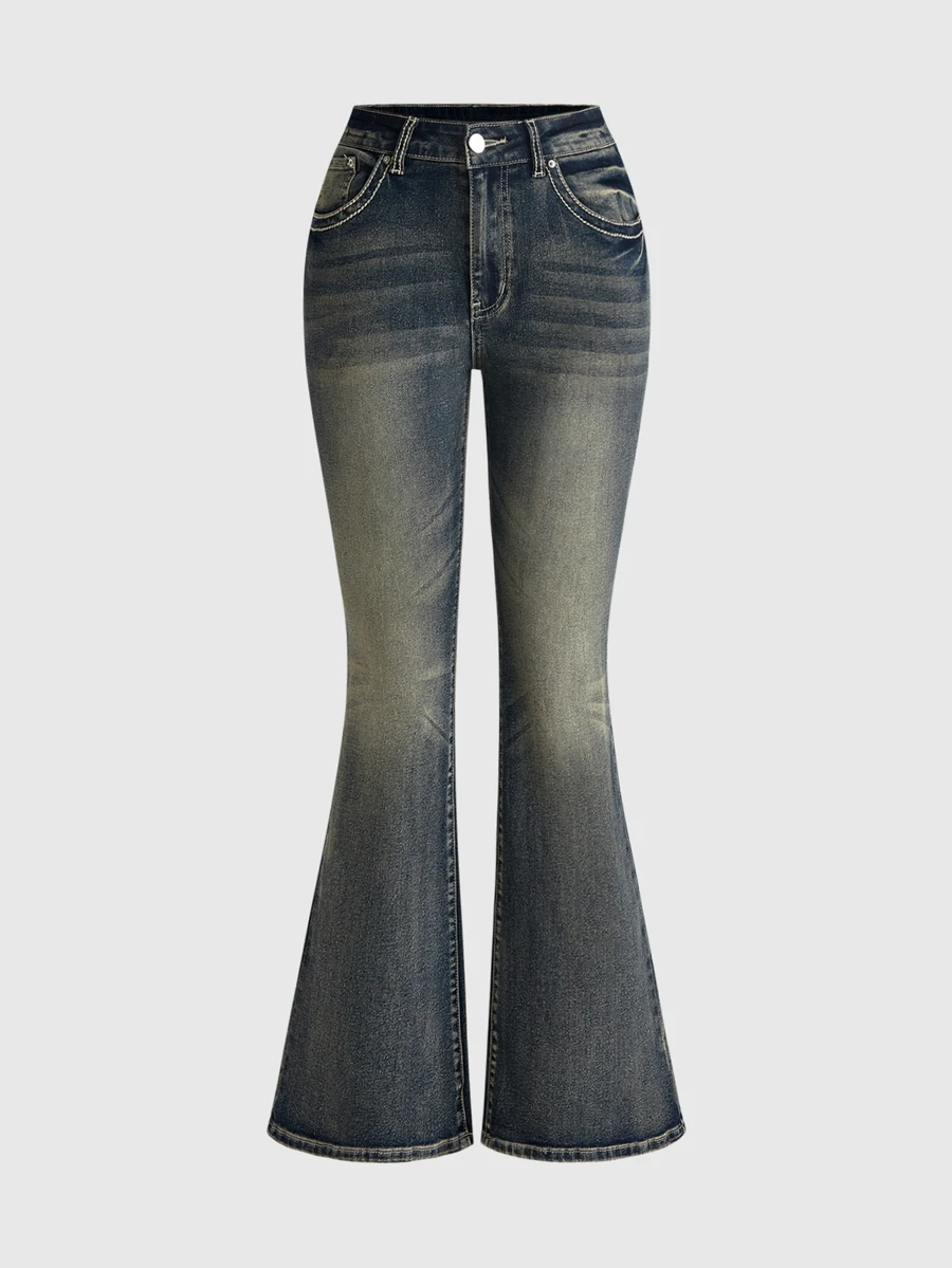 ROMWE Goth Women's Casual Daily Flare Jeans With Pockets And Buttons - Medium Wash - View 1
