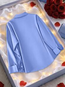 GlowEve CURVE Plus Size Solid Color Camisole Top & Single-Breasted Long Sleeve Shirt Set - Blue - View 2