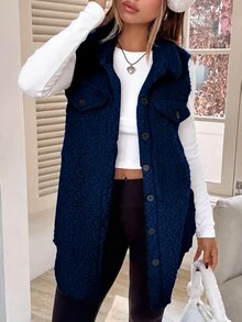 SHEIN EZwear 女款大腿長棕色法蘭絨泰迪大衣，領口設計，寬鬆版型，適合秋冬 - 藏蓝色 - 查看 7
