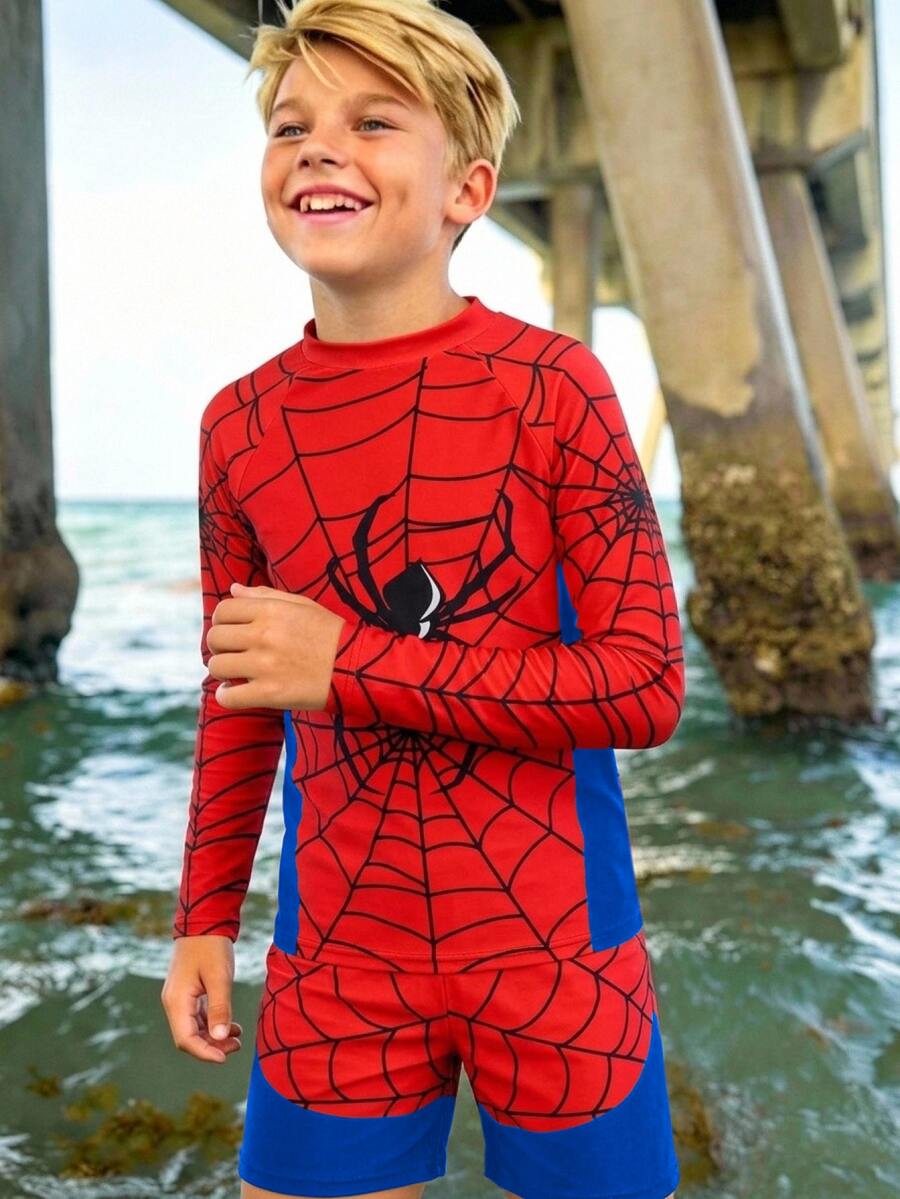SHEIN Kids Tween Boy Casual Fitted Video Game Glow-In-The-Dark Pattern Tankini 2 Pieces Swimsuit, - Multicolor - View 1