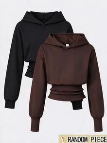 SHEIN 青少年女孩長袖連帽高腰深棕色運動衫，萬聖節秋季基礎休閒風，適合健身房、學校穿搭 - 棕色 - 查看 1