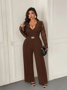 Femmeverse Plus Size Women's Fashion Sexy V-Neck Lace Patchwork Solid Color Jumpsuit Fall - Coffee Brown - View 3