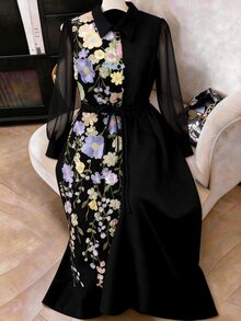 Formidée Plus Size Minimalist Elegant Embroidered Mesh Sleeve Tie Waist Women's Dress Fall - Multicolor - View 1