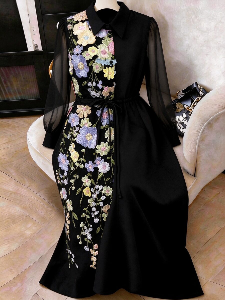 Formidée Plus Size Minimalist Elegant Embroidered Mesh Sleeve Tie Waist Women's Dress Fall - Multicolor - View 1