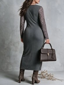 Linhara CURVE French Vintage Elegant Fashion Casual Leopard Print Patchwork Square Neck Striped Grey Dress Fall - Grey - View 2