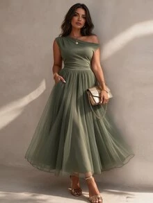 Juhart Plus Size Women's Summer Elegant One Shoulder Knit Mesh Patchwork Dress - Green - View 1