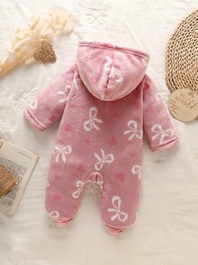 SHEIN Vintaside Kids 1件女嬰連帽連身連腳褲，可愛甜美粉白毛絨加厚長袖蝴蝶結印花公主款，冬季節日拉鍊式 - 粉色 - 查看 2
