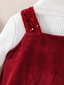 SHEIN 女童純色V領天鵝絨無袖休閒針織洋裝 - 紅色 - 查看 5
