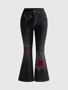 ROMWE Vintage Dark Gothic Spider Web Pattern Rhinestone Embellished Plus Size Denim Jeans - Black - View 1